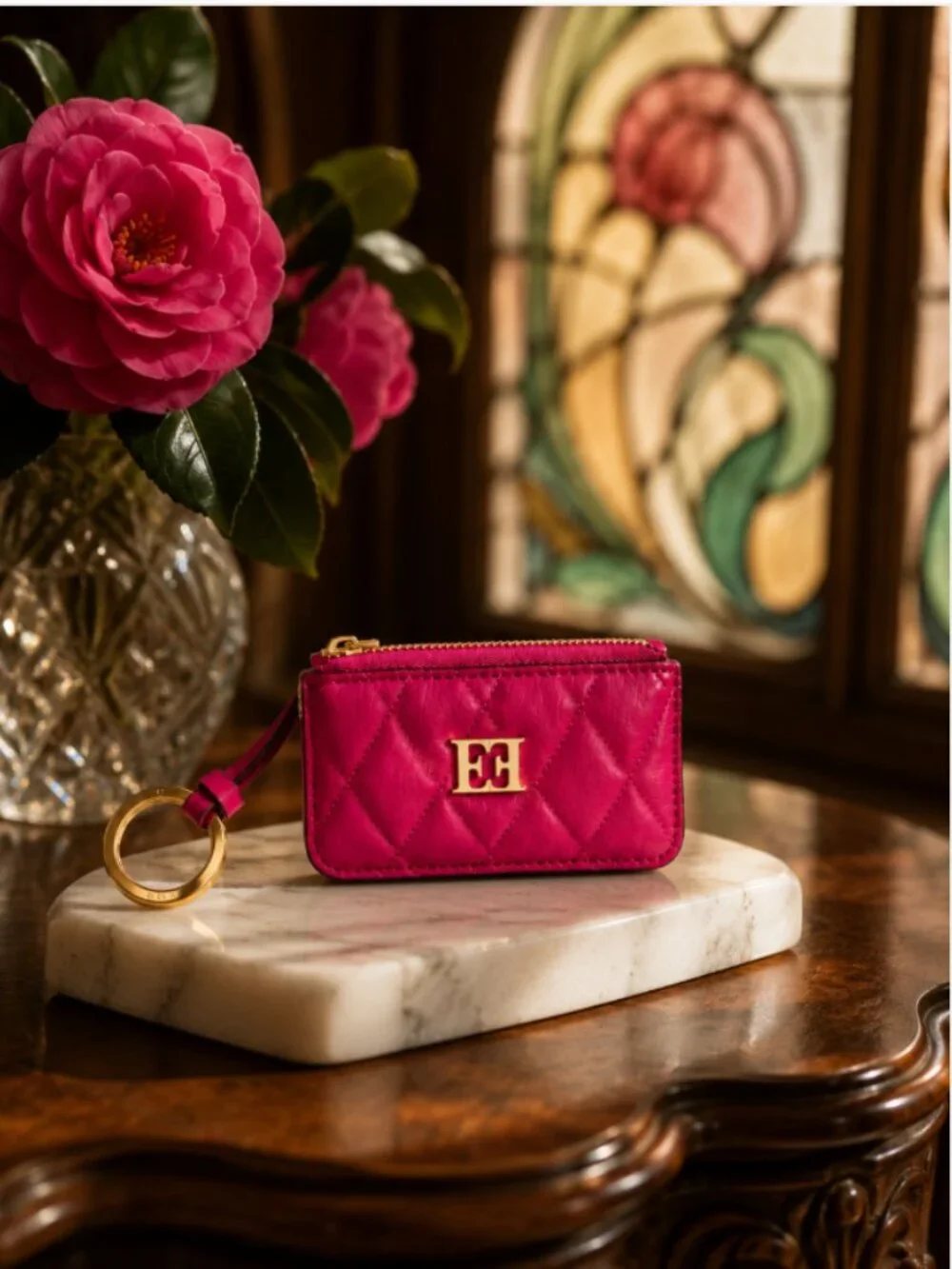 Escada Pink Quilted Leather Key Holder Coin Purse Card Case w/ Dust Bag Rare